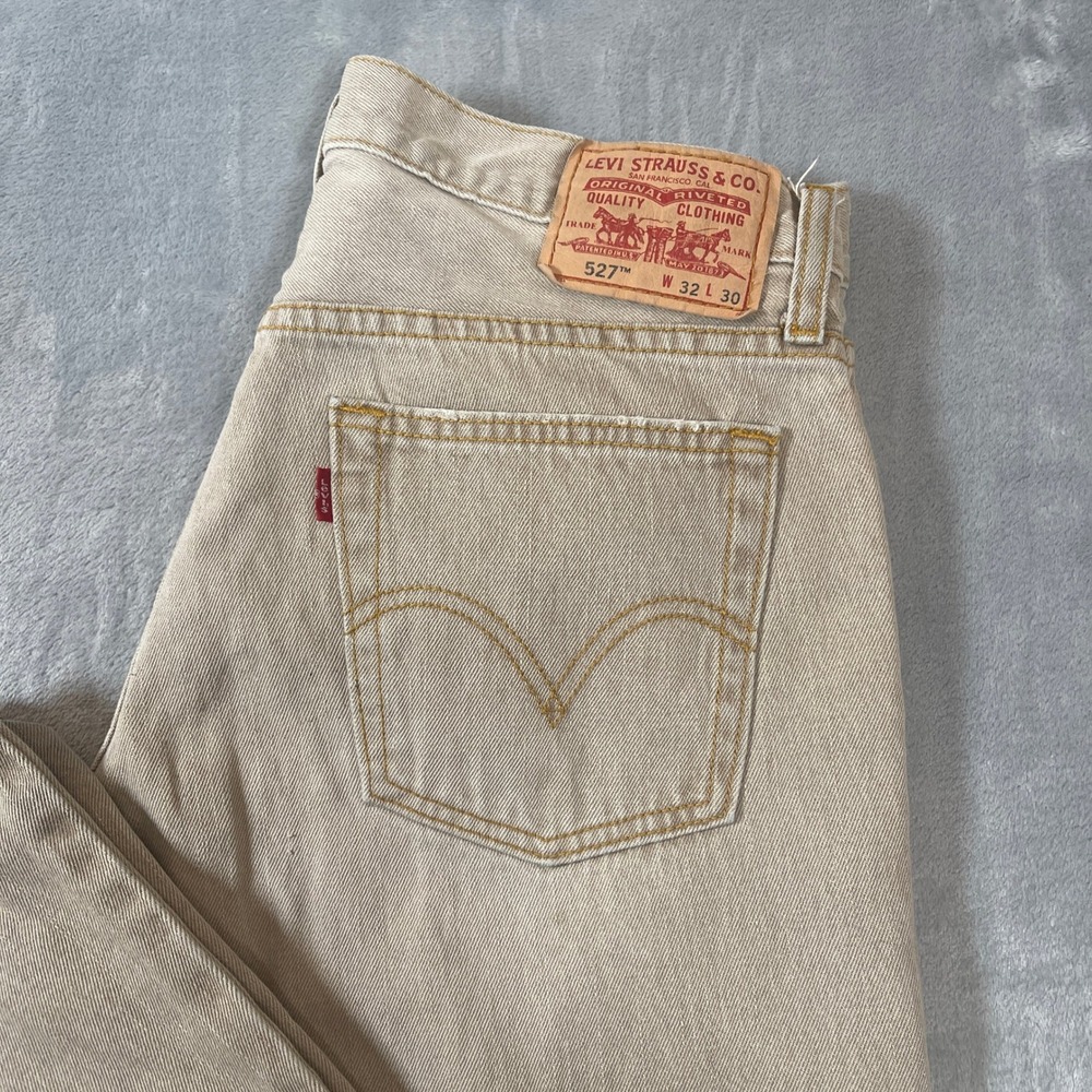 Levis Jeans Mens 32x30 527 Low Boot Cut Tan Khaki Faded Distressed Y2K Skater - Picture 7 of 8